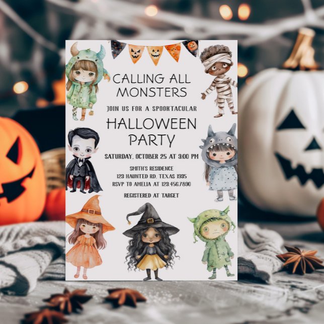 Convite Chamando todos os monstros Kids Festa de Dia das B (Calling All Monsters Kids Costume Halloween Party Invitation)