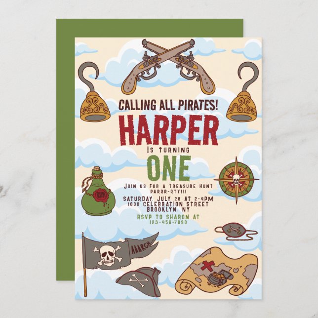 Convite Chamando todos os piratas a falar como um aniversá (Frente/Verso)