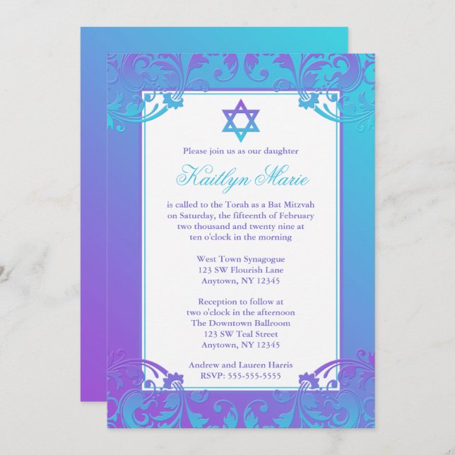Convite Chamas de Bat Mitzvah de Teto Roxo (Frente/Verso)