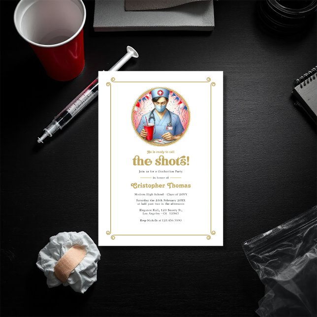 Convite "Chame a Festa de formatura de Enfermagem Masculin ("Call the Shots" Male Nursing Graduation Party Invitation)