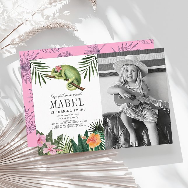 Convite Chameleon Reptile Girl White Birthday (Criador carregado)