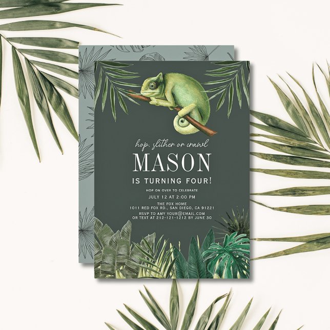 Convite Chameleon Reptile Tropical Green Boy Birday (Criador carregado)