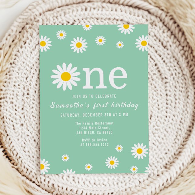 Convite Chamomile Flower Watercolor Verde Primeiro Anivers (Criador carregado)