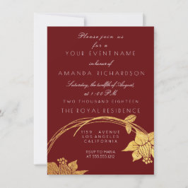 Convite Champaço Maroon Dourado Floral Vermelho