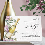 Convite Champagne | 60.o Aniversário de Mulheres Elegantes<br><div class="desc">Bonito convites para o 60.º aniversário com a ilustração aquosa de uma garrafa de champanhe cercada de flores roxas. Grande texto "sessenta" é escrito em script, para um estilo divertido mas elegante. O verso é uma cor verde-clara coordenadora. (As cores de fundo podem ser alteradas, se desejado, usando a ferramenta...</div>