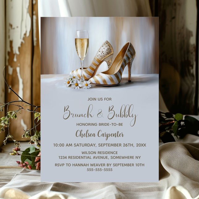 Convite Champagne and Gold Striped Shoes Brunch and Bubbly (Criador carregado)