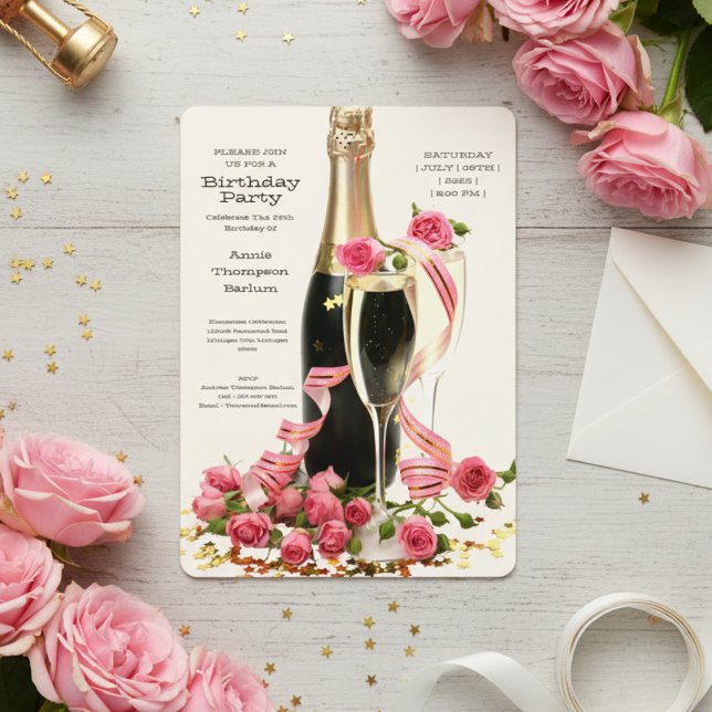Convite Champagne and Roses Birthday Invitation (Champagne and Roses Birthday Invitation)