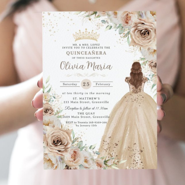 Convite Champagne Beige Cream Floral Princesa Quinceañera (Criador carregado)