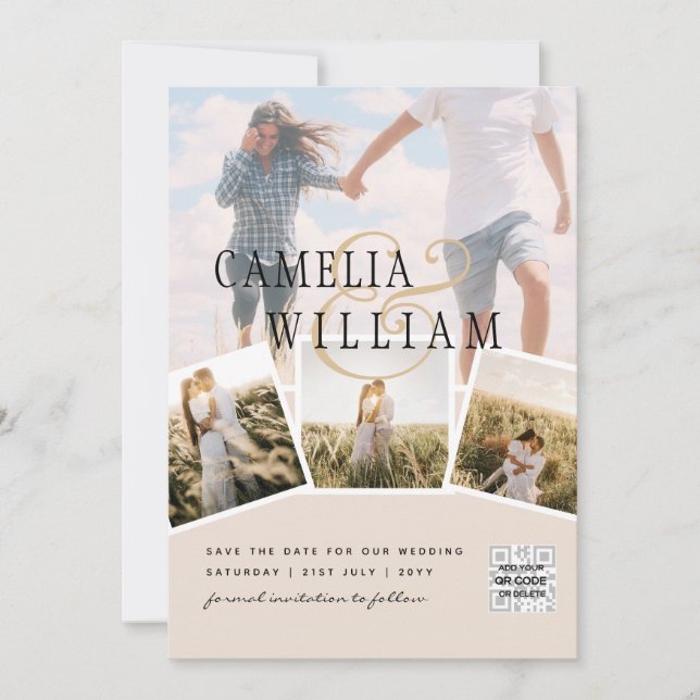 Convite Champagne Blush FOTO Salve a Data QRcode Site (Frente)