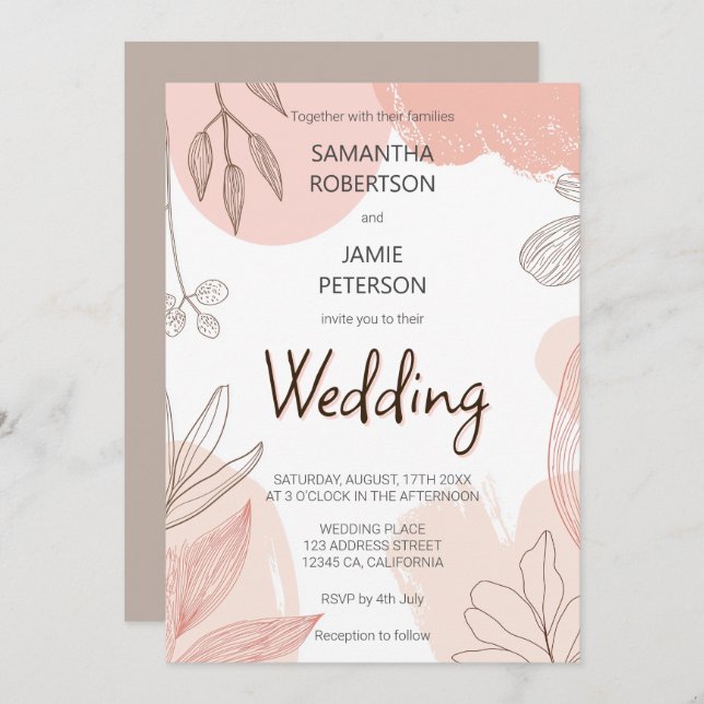 Convite Champagne Blush Pink - Casamento Floral Desenhado  (Frente/Verso)