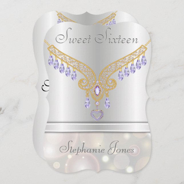 Convite Champagne Bokeh Ametist Diamantes Doce Dezesseis (Frente/Verso)