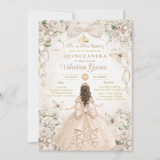 Convite Champagne Bow Floral Quinceañera Princess (Frente)