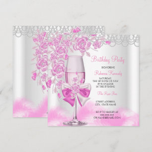 Convite Champagne Branco de Aniversário Rosa Rosa
