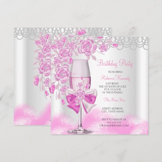 Convite Champagne Branco de Aniversário Rosa Rosa (Frente/Verso)