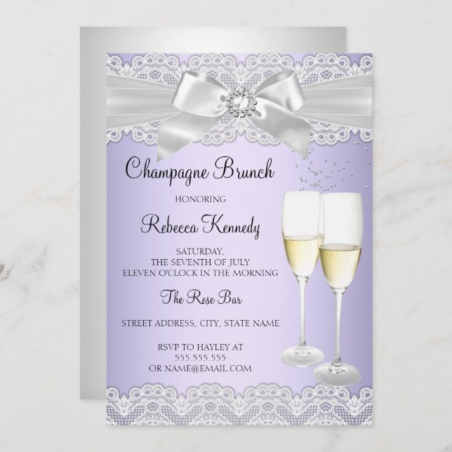 Convite Champagne branco roxo elegante Brunch convidado (Frente/Verso)