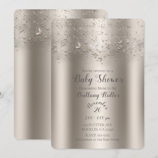 Convite Champagne Brilho Borboleta Babyshower (Frente/Verso)