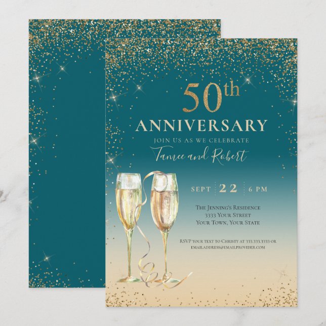 Convite Champagne Brilho Dourado Verde 50º Aniversário (Frente/Verso)