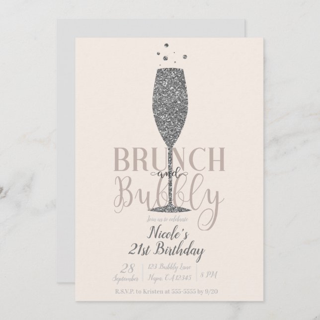 Convite Champagne Brunch e Bubble Silver Glitter Aniversár (Frente/Verso)