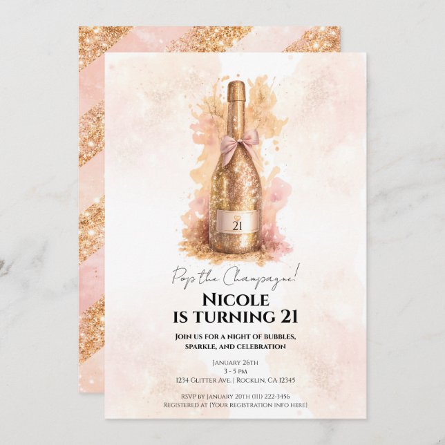 Convite Champagne Bubbly & Gold Glitter 21 21ST Birthday  (Frente/Verso)