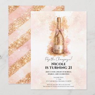 Convite Champagne Bubbly & Gold Glitter 21 Aniversário de 