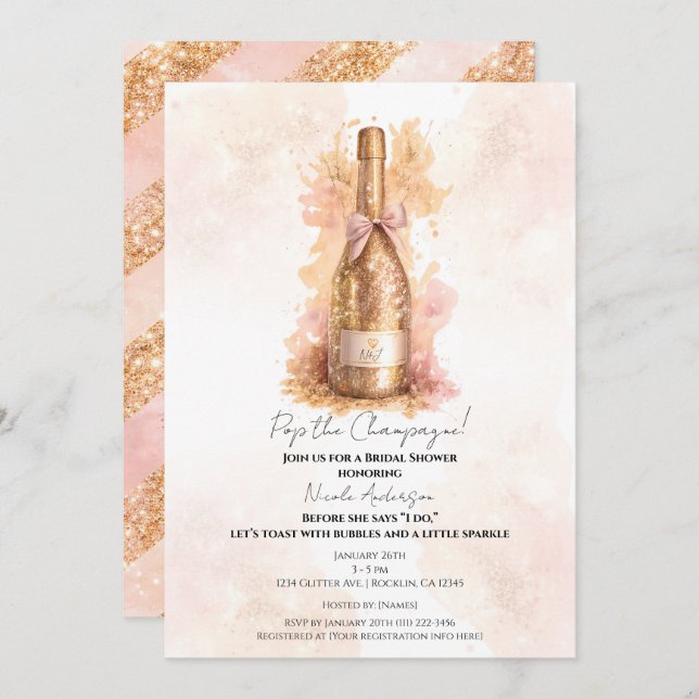 Convite Champagne Bubbly & Gold Glitter Bridal Shower (Frente/Verso)