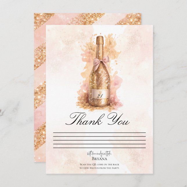 Convite Champagne Bubbly & Gold Glitter Thank You Card (Frente/Verso)