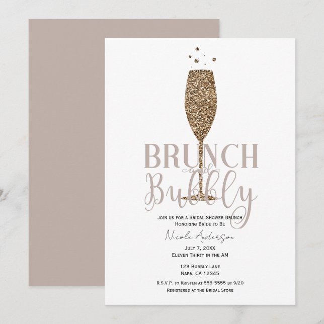 Convite Champagne Bubbly Rosa Bege Chá de Noiva Brunch (Frente/Verso)