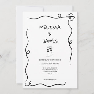 Convite Champagne Caprichoso Desenho à Mão Casamento