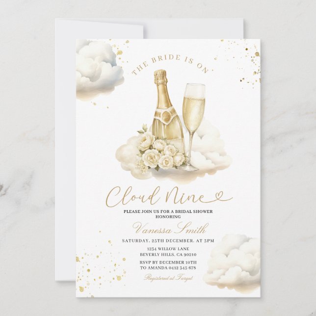Convite Champagne Cloud Nine Noivado Chuva de Presentes El (Frente)