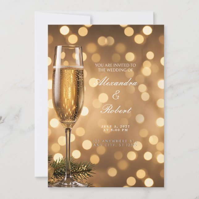 Convite Champagne com Bokeh Dourado (Frente)