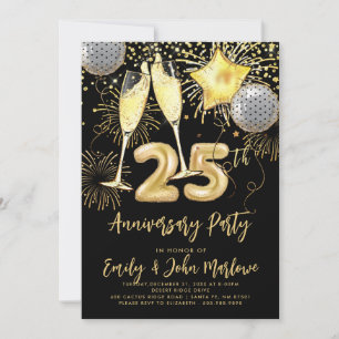 Convite Champagne Confete Dourado de Aniversário de 25 Ano