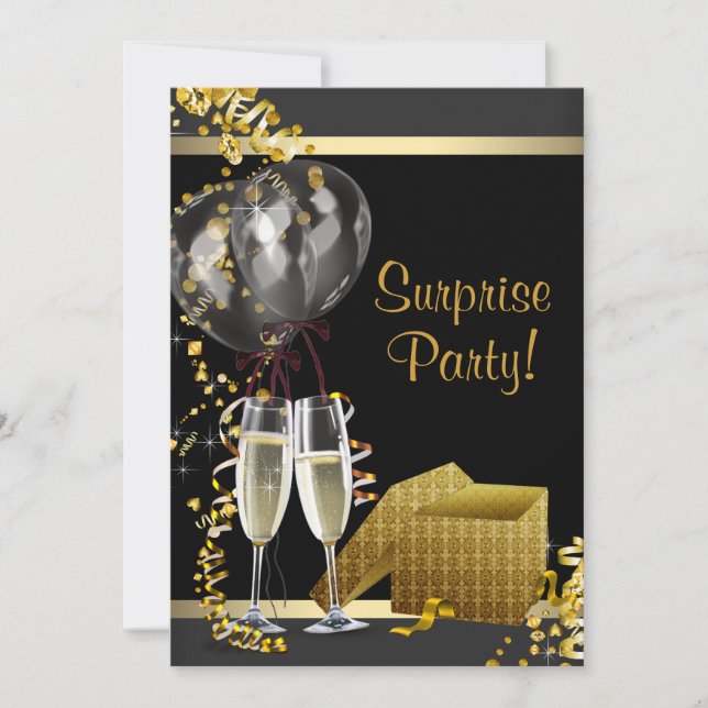 Convite Champagne Confetti Black Surprise Party (Frente)
