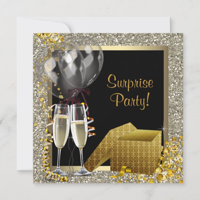 Convite Champagne Confetti Black Surprise Party (Frente)
