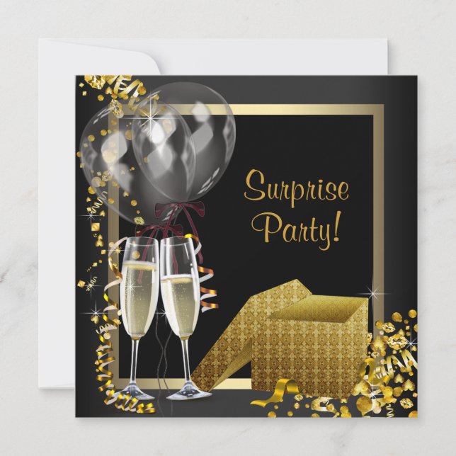 Convite Champagne Confetti Black Surprise Party (Frente)