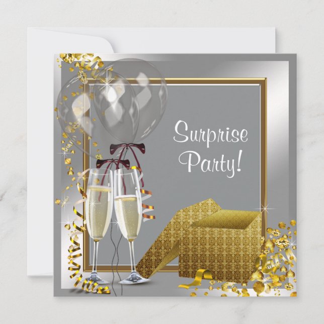 Convite Champagne Confetti Silver e Dourado Partido Surpre (Frente)