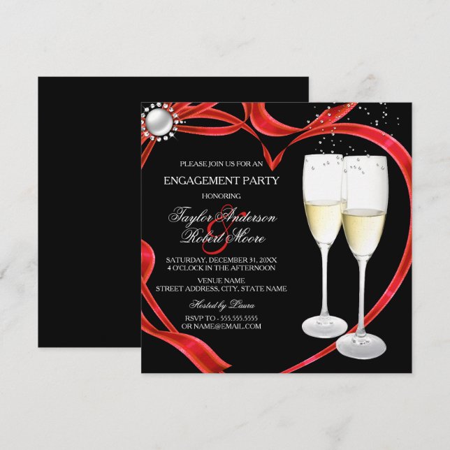 Convite Champagne & Coração Engajamento Preto Prata Vermel (Frente/Verso)