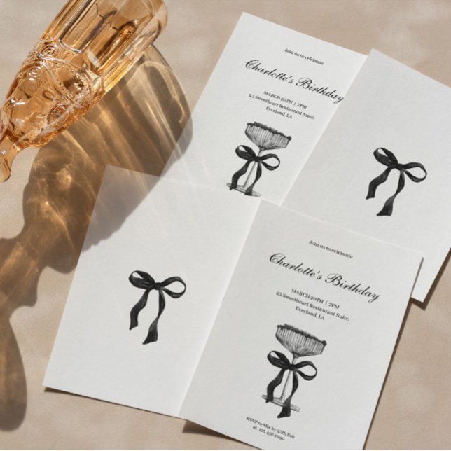 Convite Champagne coupe Black Bow Birthday Party Invite (Criador carregado)