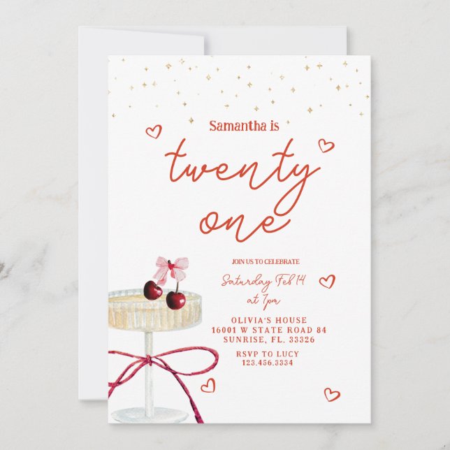 Convite Champagne Coupe Cherry Heart Birthday Invitation (Frente)