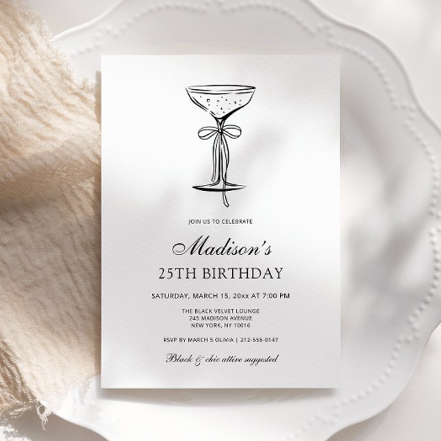 Convite Champagne Coupe Elegant Bow Birthday Invitation (Criador carregado)