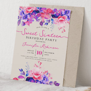 Convite Champagne de Aniversário de 16 Anos Rosa Floral Fe