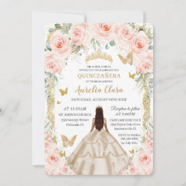 Convite Champagne Dourada Blush Floral Quinceañera