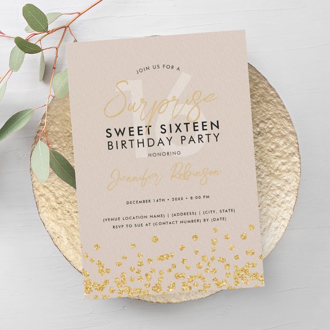 Convite Champagne Dourada Glitter Confetti Surpresa Sweet  (Champagne Gold Glitter Confetti Surprise Sweet 16 Invitation)