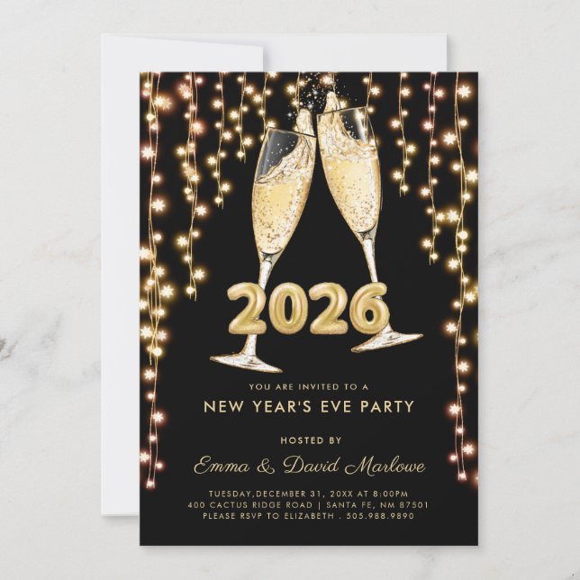 Convite Champagne Dourada Preta Moderna Réveillon 2026 (Frente)