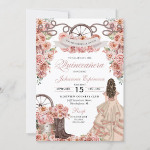 Convite Champagne Dourada Western Ranchero Quinceanera