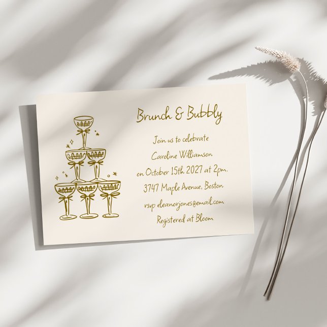 Convite Champagne Dourado Manuscrito Brunch Bebida Espuman (Criador carregado)