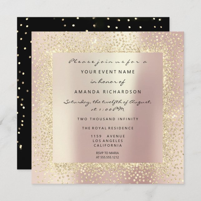 Convite Champagne Dourado Preto Confete Rosa Minimal (Frente/Verso)
