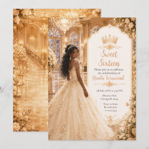 Convite Champagne Dourado Salão de Baile Sweet Sixteen