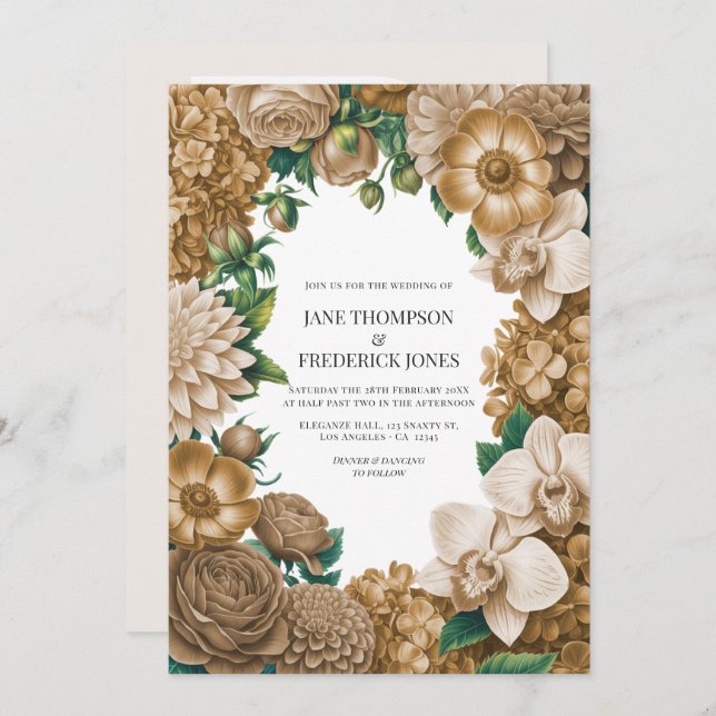 Convite Champagne Dust, Golden Wheat & Mocha Linen Wedding (Frente/Verso)