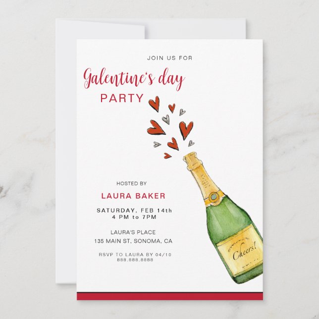 Convite Champagne e Hearts Galentine's Day Party (Frente)