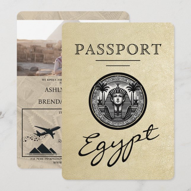 Convite Champagne Egypt Passport Wedding Invitation (Frente/Verso)